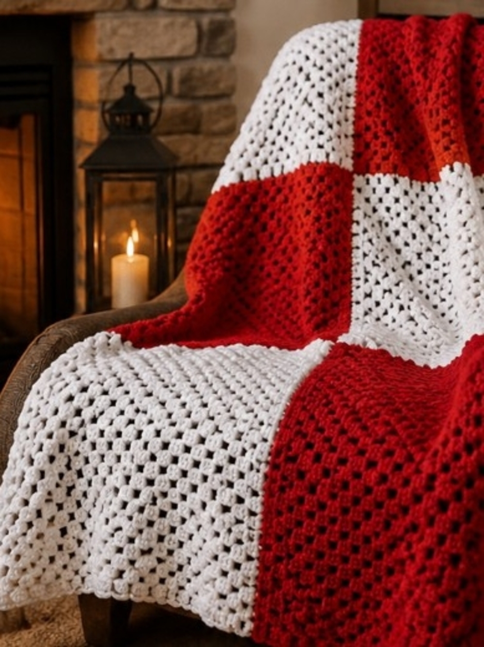 Cozy Red & White Christmas Crochet Throw Blanket  Home Holiday Handmade 9 Square